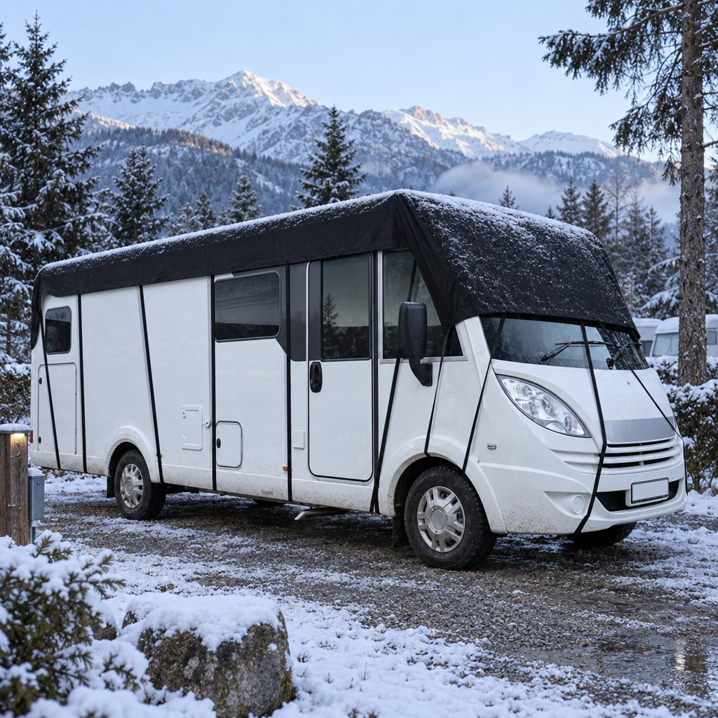 Camping-car couvert sur un emplacement en hiver