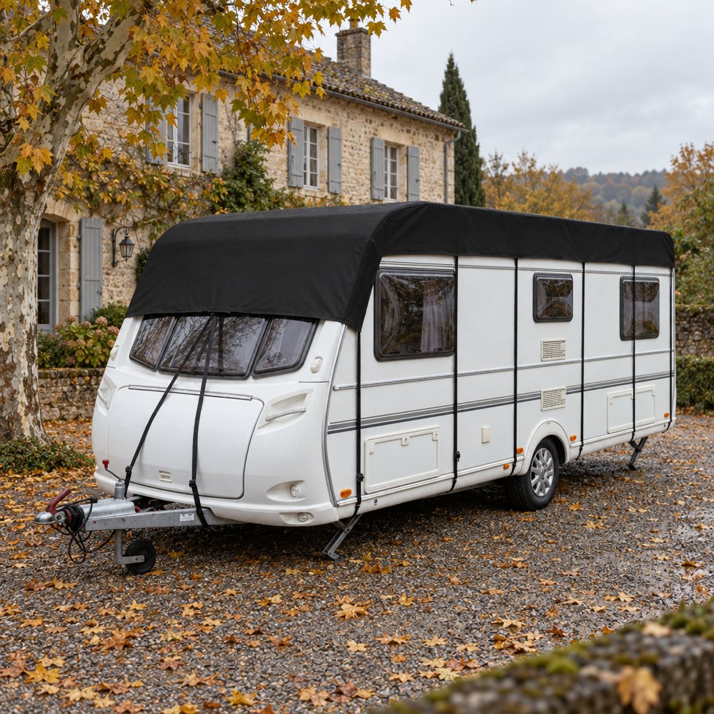 Caravane couverte garée devant une maison