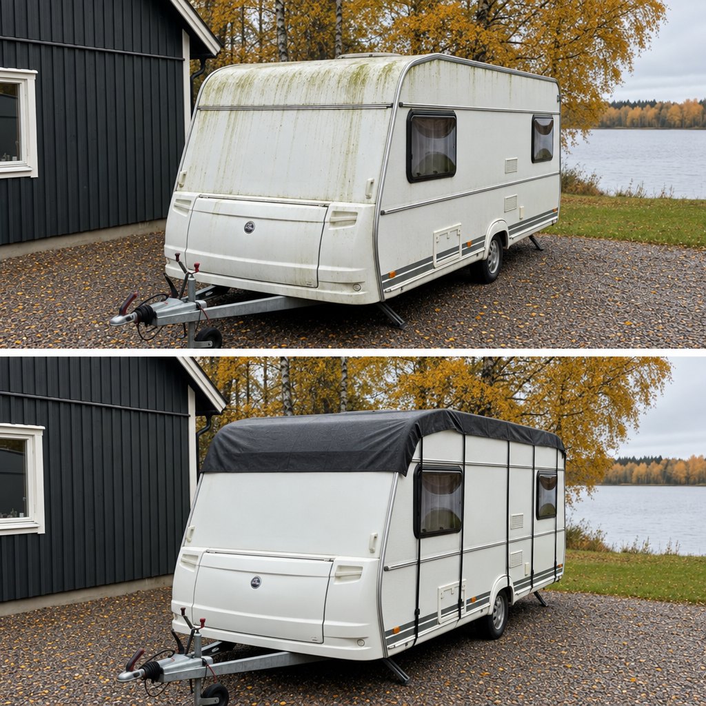 La même caravane, avant et après la pose de la housse de toit