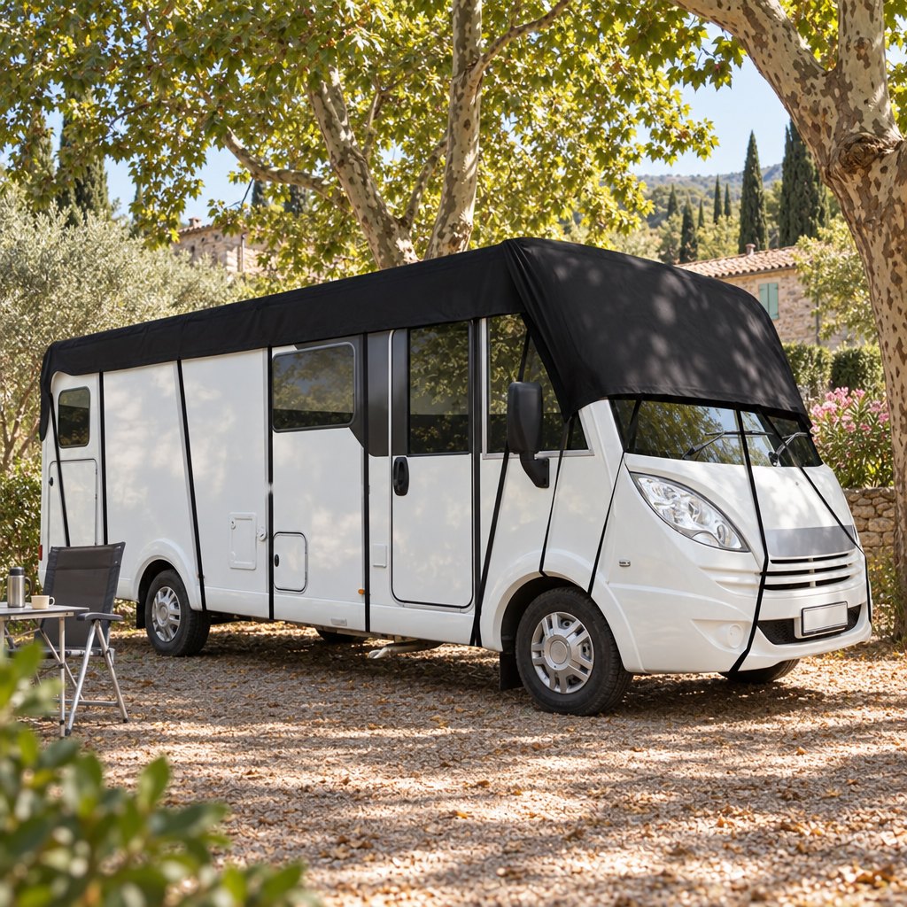 Camping-car couvert à l’année sous les platanes