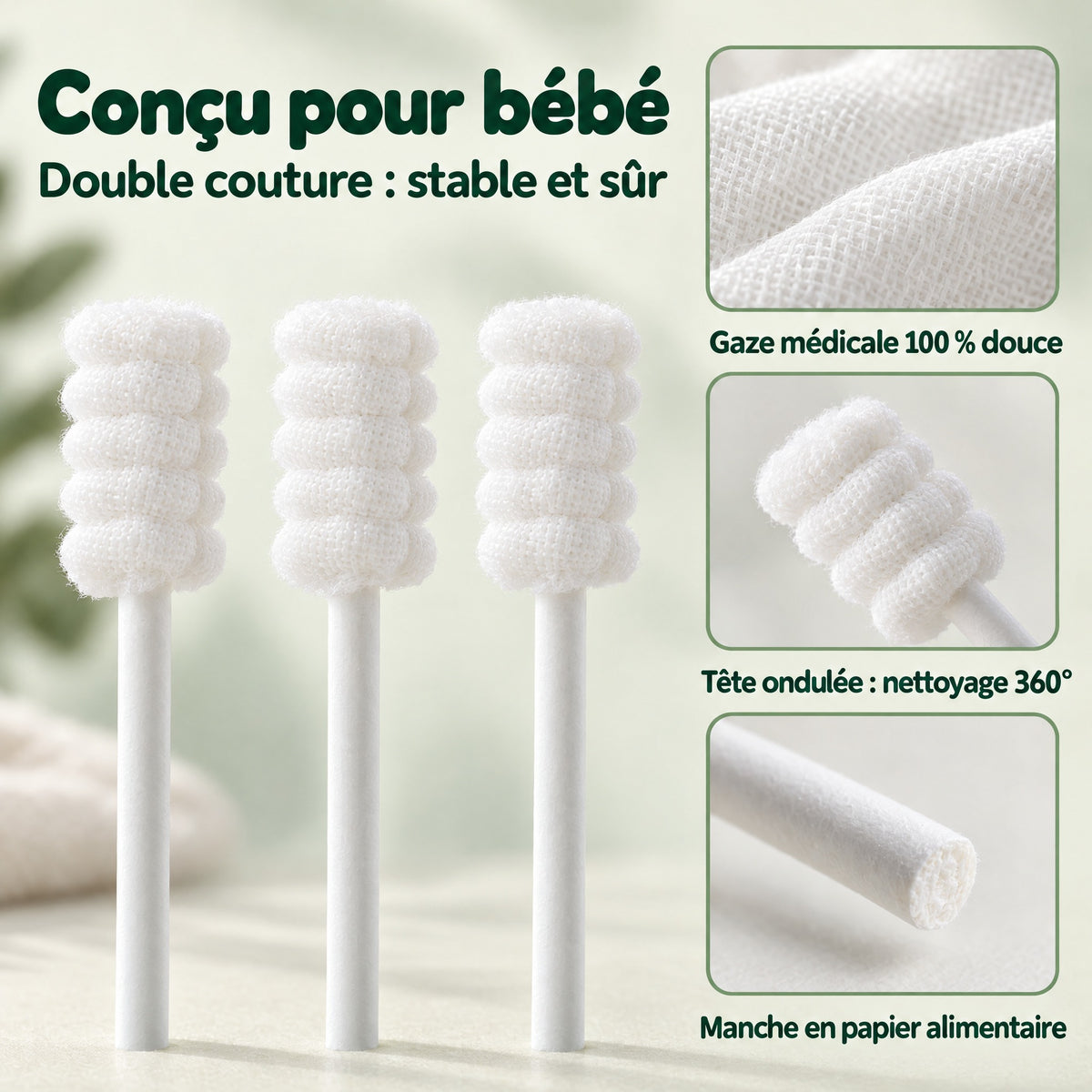 Walko Soin buccal bébé — bâtonnet en gaze médicale, tête ondulée et manche en papier
