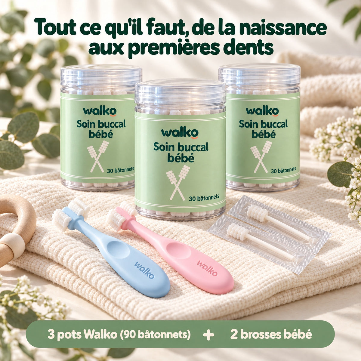 Walko Pack bébé — 3 pots de bâtonnets et 2 brosses bébé