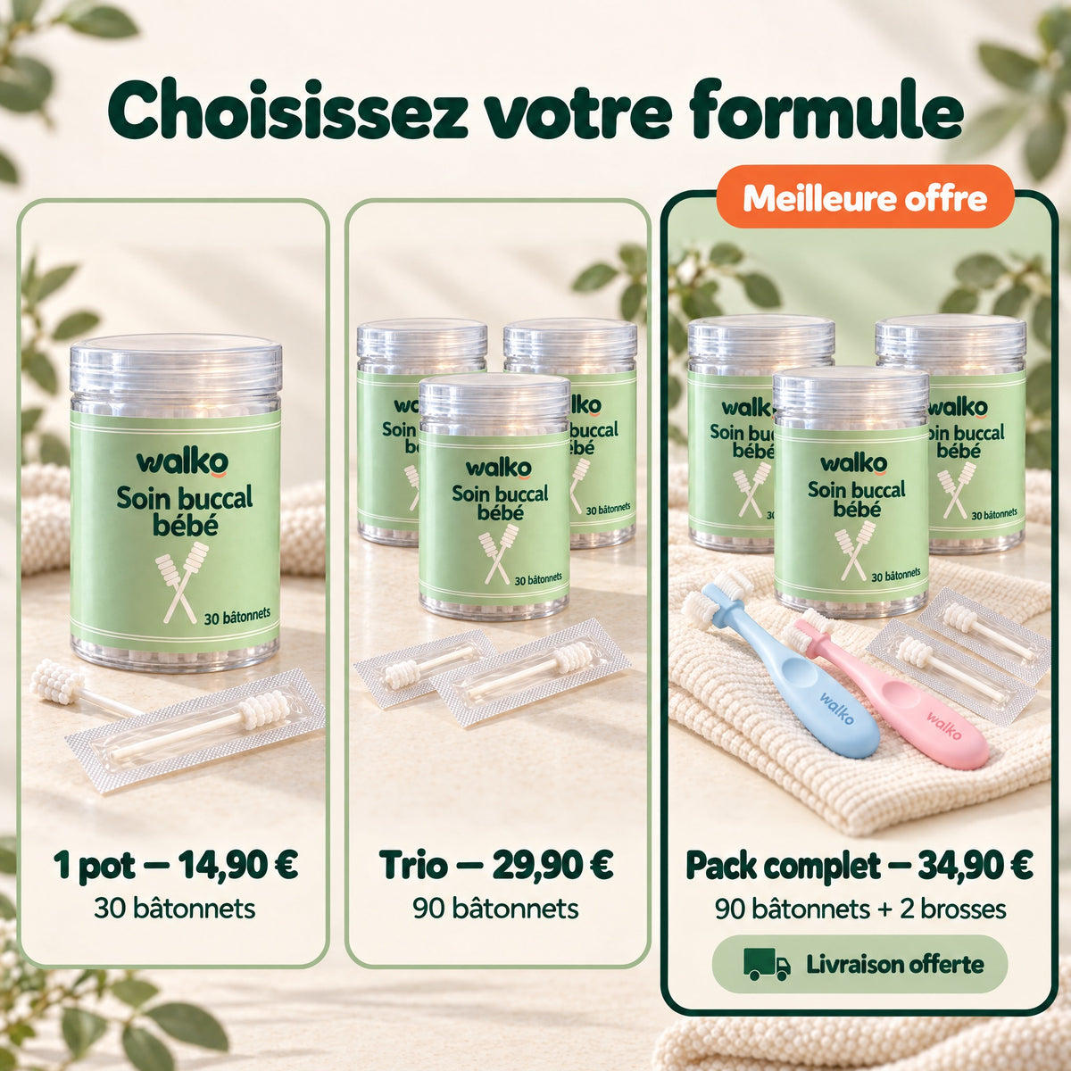 Walko — comparatif des formules : 1 pot, Trio et Pack complet