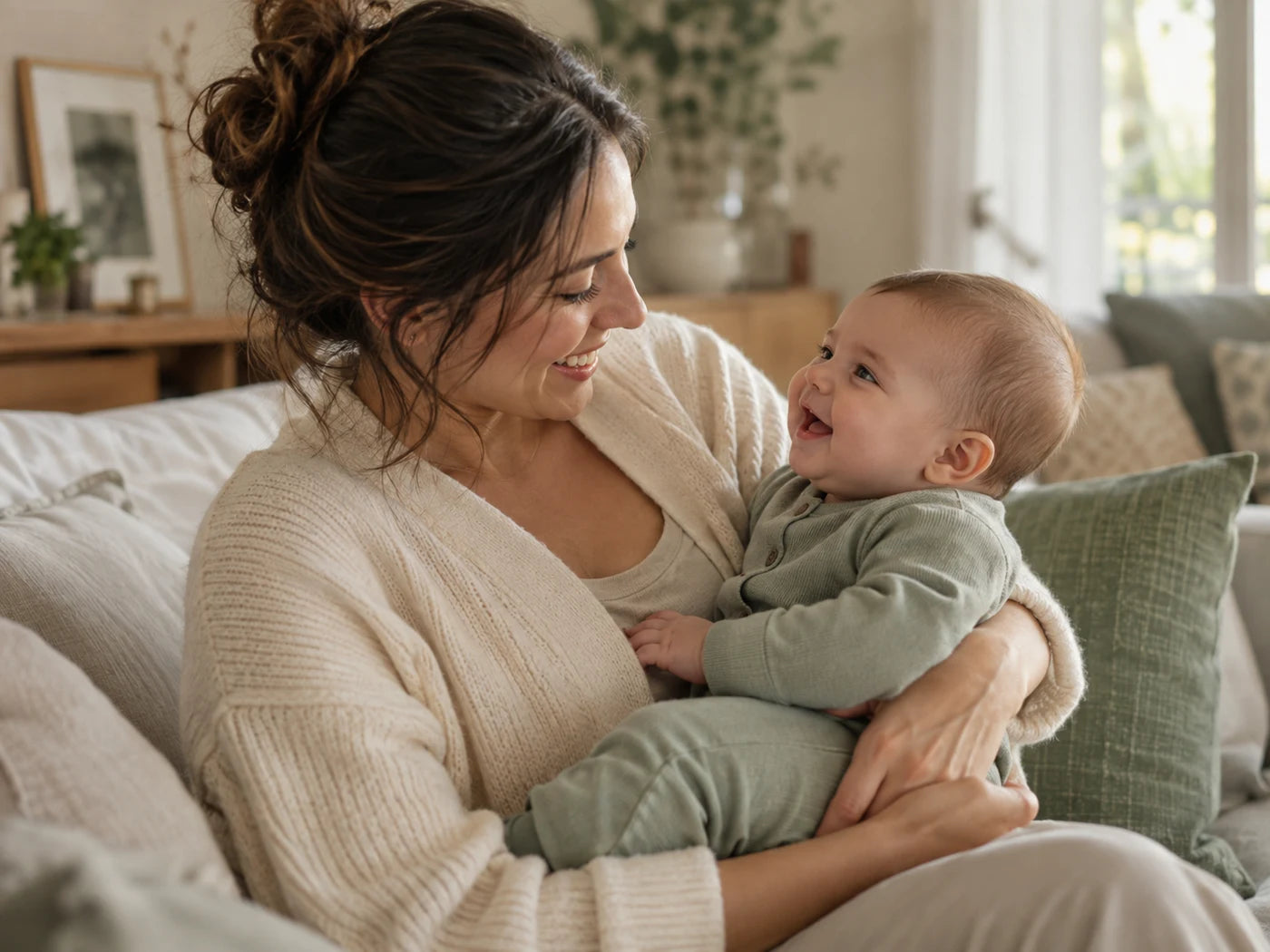 Scène de marque générée par IA : parent tenant son bébé dans ses bras